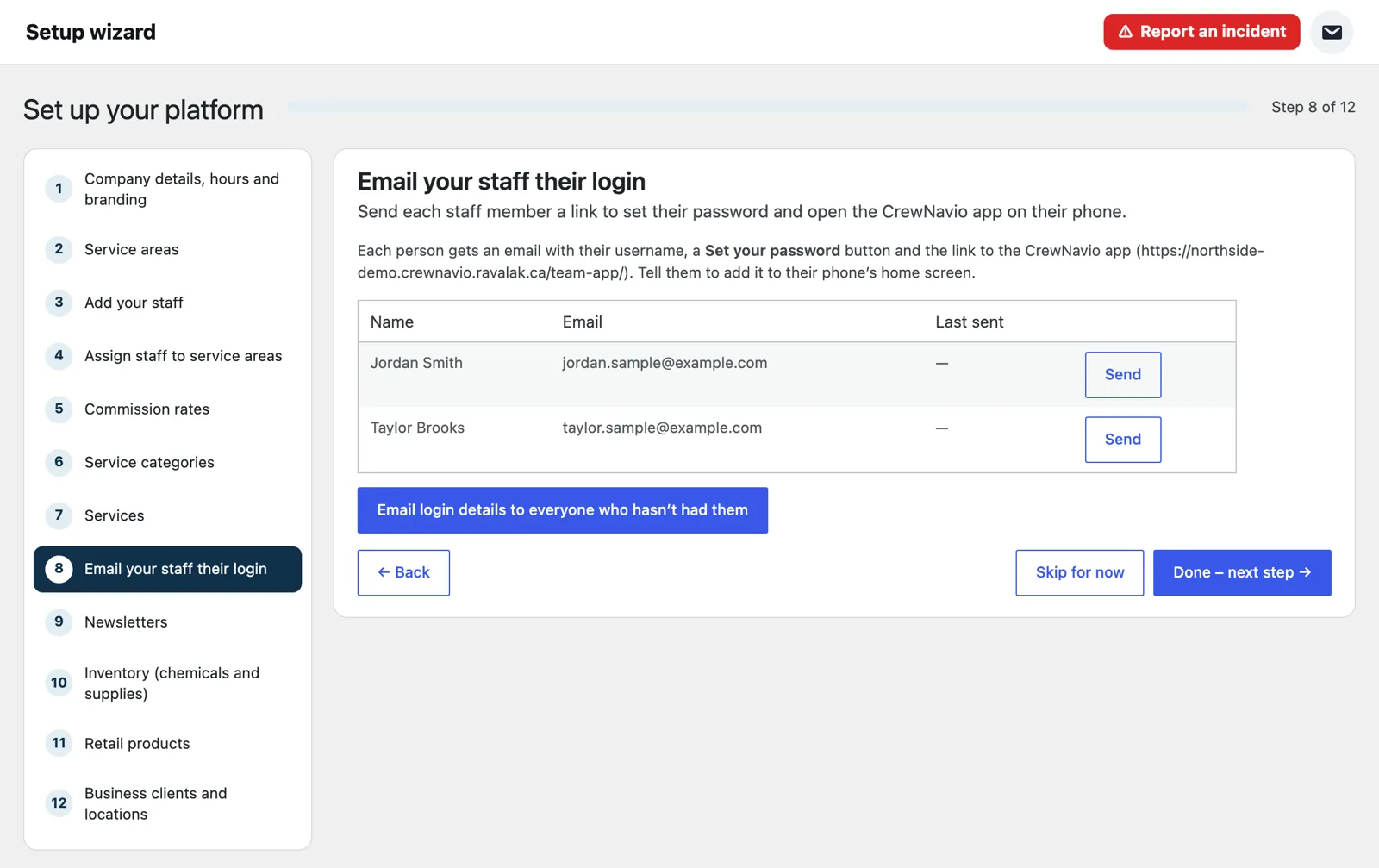 CrewNavio Inviting staff in the setup wizard